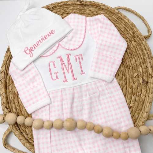 Personalized Newborn coming home outfit girl, Pink Gingham Preppy Collared Footie