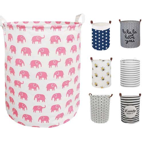 "EVNELE Large Pink Elephant Laundry Basket, Collapsible Waterproof Canvas Hamper, 19.7""x15.7"