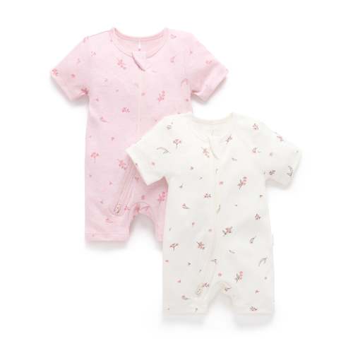 Pink Blossom 2 Pack Short Zip Growsuit - Baby Growsuits - Purebaby - Purebaby