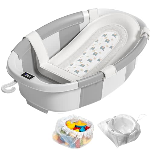 Collapsible Baby Bathtub, Baby Tubs for Newborns with Soft Cushion & Thermometer & Toy Organizer Mesh Bag, Infant Bathtub to Toddler 0-36 Months, Portable Travel Newborn Baby Bathtubs (Grey)