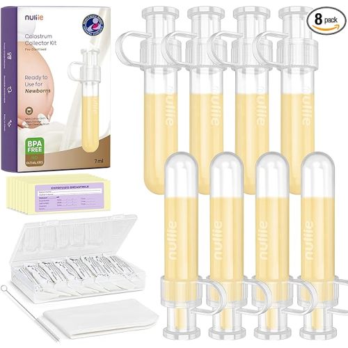 Nuliie Colostrum Collector Kit 7ml/8pcs, Leakproof, Reusable Breast Milk Collector, Heat & Freezer Resistant, BPA-Free, With Cotton Cloth Wipe, Storage Case, Cleaning Brush - Ready-to-Use for Newborns