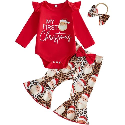 My First Christmas Baby Girl Outfit Romper Flared Pants Headband | Newborn Baby Girl Christmas Outfit, Santa Claus/Xmas Tree Ruffle Onesie Bell Bottoms, Perfect Xmas Photo & Holiday Gift 0-18M