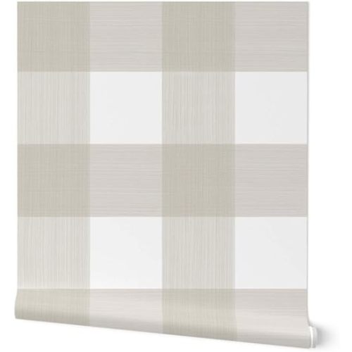 Removable Wallpaper 9ft x 2ft - Large Scale Tan Buffalo Plaid Preppy Gingham Check Khaki Neutral Custom Pre-Pasted Wallpaper by Spoonflower
