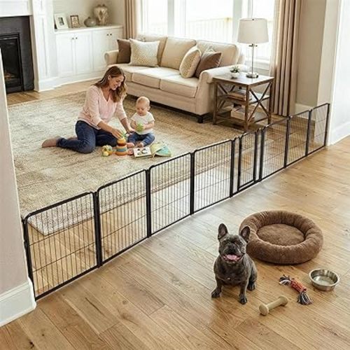 FXW Dog Gate Extra Wide Designed for Indoor Use, Adjustable Width Up to 183-inch Wide (24" H 8 Wire Panels for Puppies and Small Dogs), Black