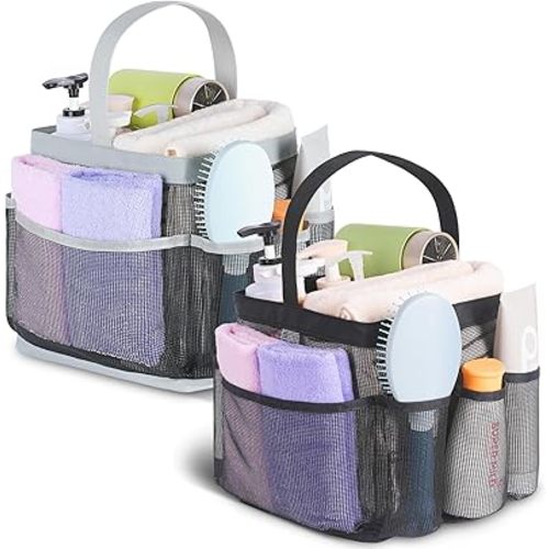 2 Pack Mesh Shower Caddy Portable for College Dorm Room Essentials, Shower Caddy Dorm with 8-Pocket Large Capacity,Shower Bag for Beach,Swimming,Gym - All Black/Black-Grey