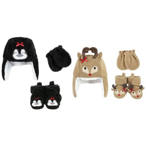 Hudson Baby Infant Girls 6Pc Trapper Hat, Mitten and Bootie Set, Girls Penguin Girls Reindeer