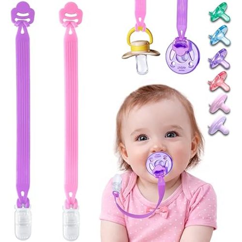 Silicone Pacifier Clip with Adapter Ring for Philips Avent Soothie, 2 Pack One-Piece Soft Binky Clips Holder for Baby Girls Boys, Anti-Loss Paci Clips for Baby Shower Newborn Essentials,Pink Purple