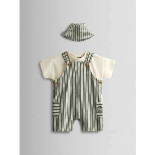 JoJo Maman Bébé Green 3-Piece Stripe Dungarees & T-Shirt Set with Hat
