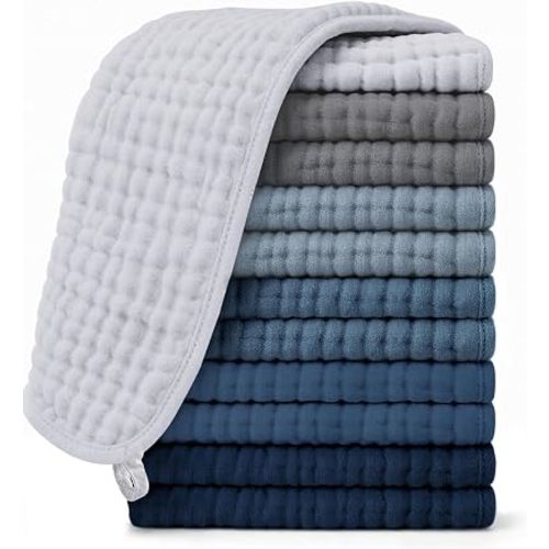 Ease Cubs 12 Pack Muslin Burp Cloths Large 100% Cotton Hand Washcloths, Baby Essentials Absorbent and Soft Burping Rags for Newborn Registry, 20" X10", Slate, Grey and Navy Series