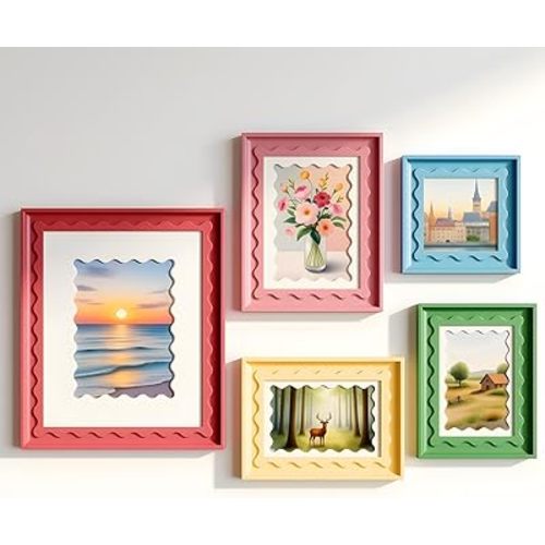 Vicenpal 5 Pack Colorful Scalloped Picture Frames 4 Sizes Cute Curved Picture Frames for Desktop Display Home Decor Family Friends Wedding Graduation Gifts(Pink, Green, Yellow, Blue, Red)