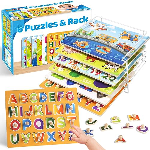 Wooden Puzzles for Toddlers 1-3, 6 Pack Peg Puzzles with Wire Puzzle Holder Rack for Kids, Learning Educational Puzzles for Baby Puzzles 12-18 Months, Alphabet Number Animal Vehicle Montessori Toys