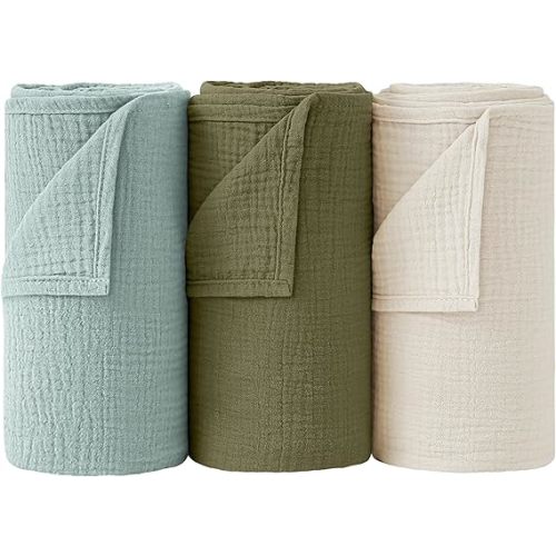 Bearmoss Muslin Swaddle Blankets, 40 x 38 inches Baby Swaddle for Boys and Girls, Soft Baby Blanket, 3 Pack Breathable Nursery Receiving Blankets (Blue Green)