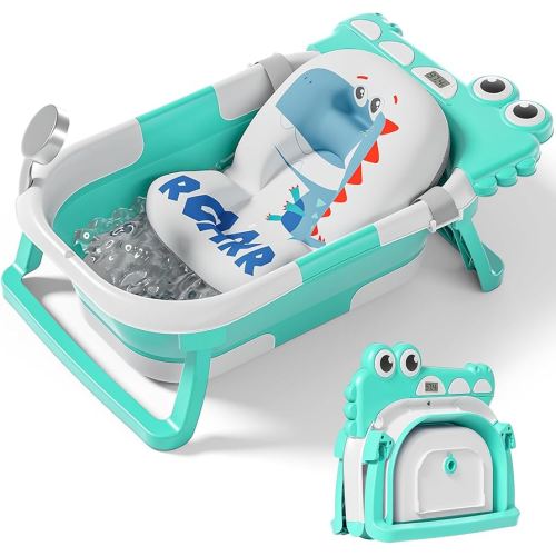 TPN Collapsible Baby Bathtub, Baby Bath Tub with Soft Cushion & Real-Time Thermometer, Baby Bathtub Infant to Toddler Tub (0-36 Months), Portable Travel Baby Tubs for Newborns (Cyan)