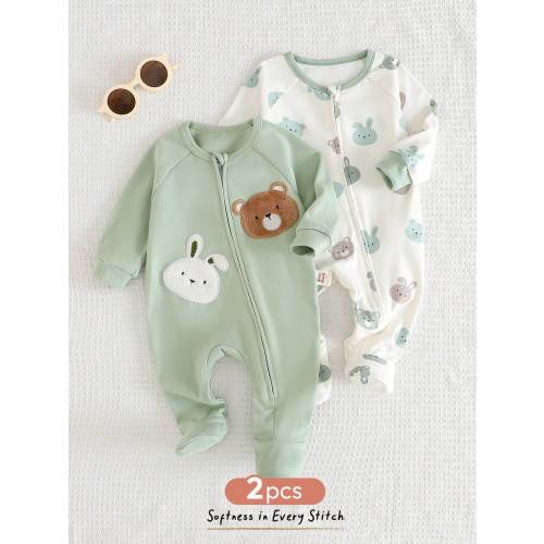 Cozy Pixies 2pcs Newborn Baby Boy/Girl Cartoon Animal Print Soft Knit Romper,Sage Green,Autumn,Cute,Lounge Long Sleeve Crew Neck Unisex Warm Clothes Sleeping Wear | SHEIN USA