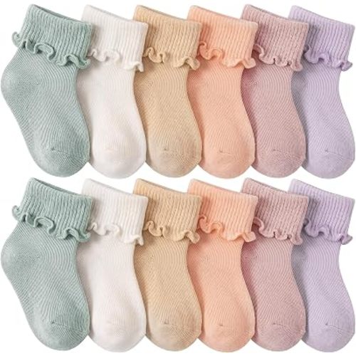 Toulite 12 Pairs Preemie Newborn Baby Ankle Socks Ruffle Turn Cuff Cotton Non-slip Warm Socks for Girls and Boys Infant