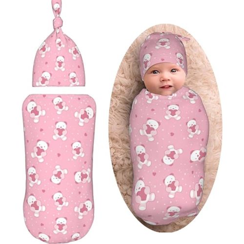 Pink Bear Newborn Swaddle Blanket with Beanie Set Soft Baby Sleep Sack Stretch Adjustable Swaddle Wraps Receiving Blankets for Baby
