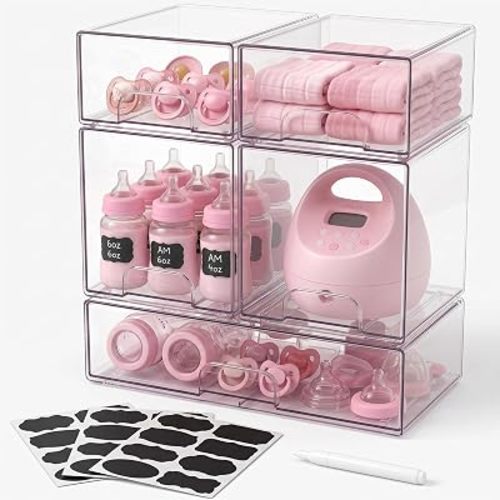 5in1 Baby Bottle Organizer with Labels, Drawer Storage Station for Pump Parts, Clear Stackable Drawers for Countertop, Small Bins Cabinet for Nursery, Pacifiers, Container