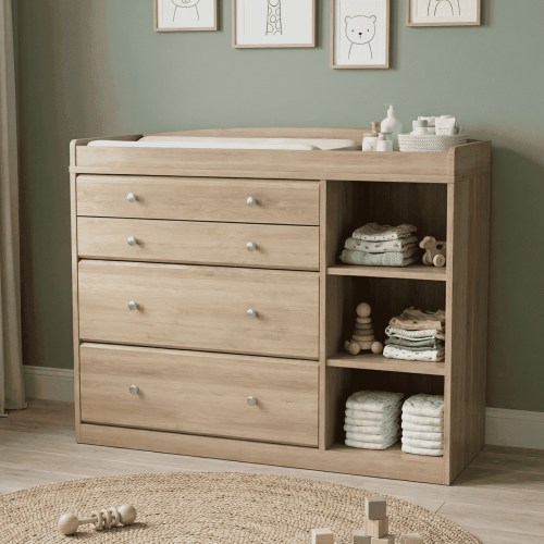 Melidee Baby Dresser with Changing Table Top, 47.2" L x 17.7" D x 36.2" H, 4 Drawers & Adjustable Shelves, 2-in-1 Nursery Organizer with Removable Topper, Natural Wood