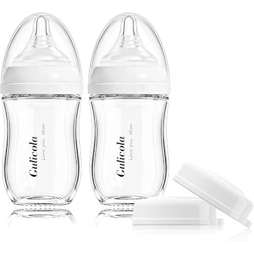 Gulicola Natural Glass Baby Bottle for Breastfeeding Babies, Newborn Anti-Colic Bottle Set with Slow Flow Nipple, 0-3 Months, 5 oz, 2 Pack - White