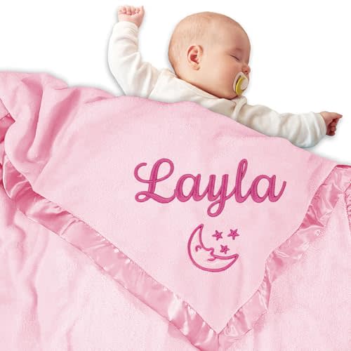 Corissy Personalized Baby Blanket with Name, Custom Flannel Swaddle Blankets, Customized Embroidered Receiving Blanket for Girls, Baby Shower Birthday for Newborn - Pink(36" x 36")