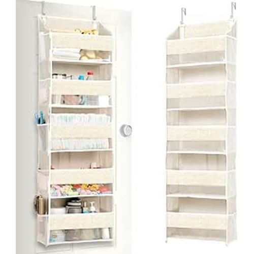 ULG 1 Pack Over Door Organizer with 5 Large Pockets 10 Mesh Side Pockets, Upgraded Linen Texture Over The Door Storage, 44 lbs Weight Capacity Hanging Storage Organizer, Ivory