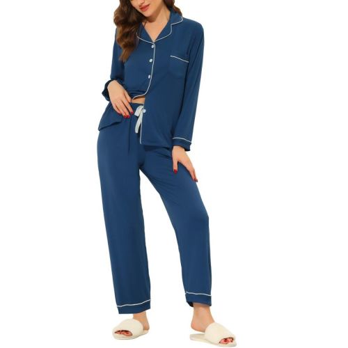 cheibear Women's Long Sleeves Button Down Top with Pants Lounge Pajamas Set Blue Large