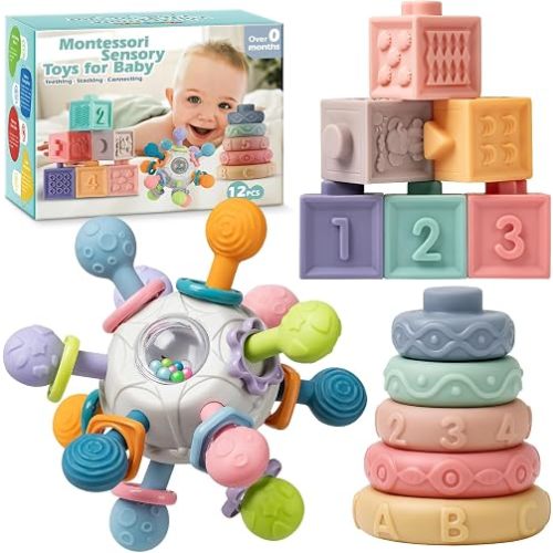 Baby Sensory Teething Toys Set, Montessori Baby Toys 6-12 Months, Incl Newborn Rattle Teether & Baby Blocks & Soft Stacking Rings, Ideal Babies Boy Girl Gifts, Infant Toys 0-3-6-9-12-18 Month