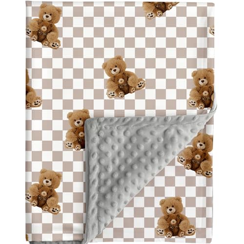 Bear and Buffalo Check Plaid Baby Blanket Gender Neutral Blankets for Newborn Baby Girls or Boys Nursery Toddler Double Layer Blanket with Dotted Backing and Bear Printed (Bear 2)