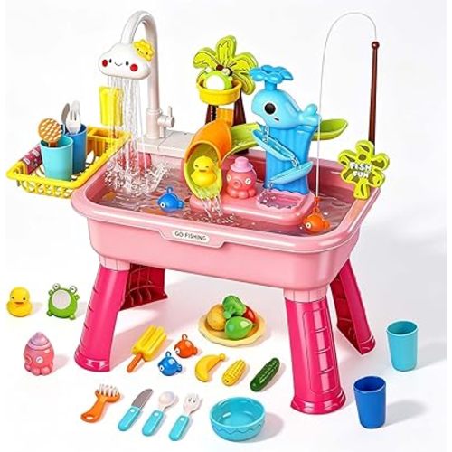 2026 Upgraded Water Table for Toddlers 1-3, Outdoor Water Play Table for Kids Ages 4-8 with Pump, Toddler Water Table, Play Sink with Running Water, Kitchen Sink Toy, Fishing Game, Sensory Table, Pink