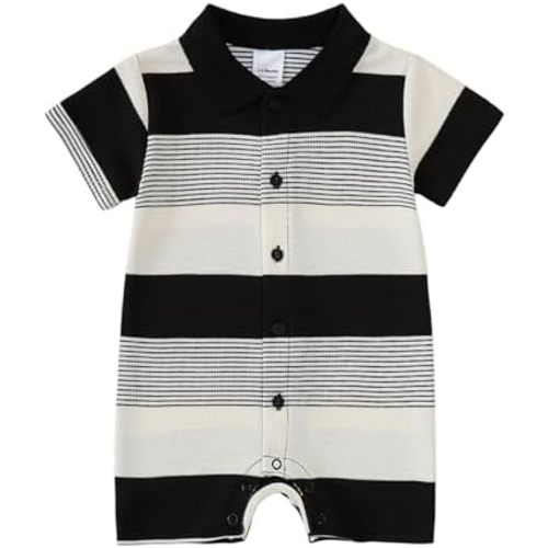 DEFAHN Baby Boy Polo Striped Rompers Pique Short Sleeve Collared Gentleman Outfit One Piece Summer Infant Clothes 0-24 Months