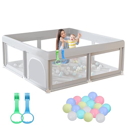Hiaksedt 50 x 50 inch Baby Playpen with Ocean Balls and Pull Rings, Playpen for Babies and Toddlers, Baby Fence Playards, Safe Structure and Soft, Skin-Friendly Fabric with Zipper Gates.