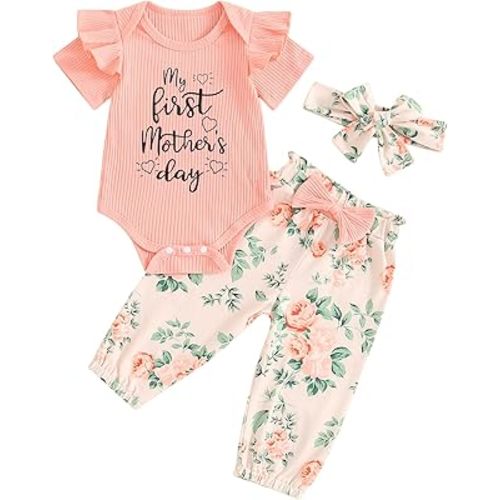 Adobabirl Newborn Baby Girl Clothes Short Sleeve Ribbed Romper Onesie Bowknot Floral Pants Headband 3Pcs Clothing Set