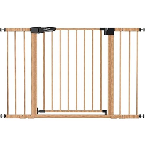 Babelio 29-48" Metal Baby Gate with Brown Wood Pattern, Auto Close Dog Gate PressGuard P7 for The House, Stairs and Doorways, Pressure Mounted Pet Gate with Door, Safety Gate for Child and Pets