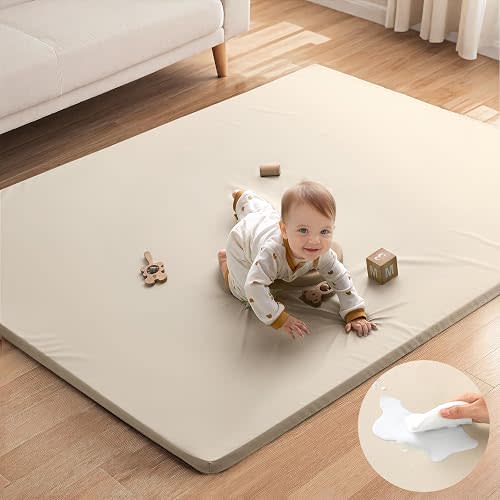 Blissful Diary Vegan Leather Baby Play Mat, 71x59 Thicken Foam Cushioned & Waterproof Playpen Mat for Infants and Toddlers, Stylish and Just Wipe-Clean Playmat for Baby Play on Floor, Beige
