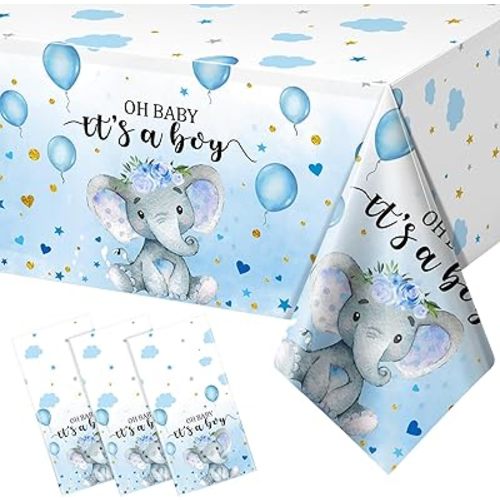 3 Pack Elephant Baby Shower Tablecloth Decorations, Elephant Baby Shower Decorations, Plastic Tablecloth Table Cover Backdrop for Baby Boy Girl Gender Reveal Party Supplies, 54 x 108 Inch, Blue