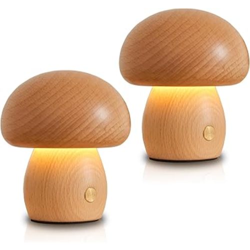 LONRISWAY 2 Pack Wooden Mushroom Lamp, Portable Cordless Small Rechargeable Battery Operated Lamp,Stepless Dimming, Night Light for Birthday Gifts