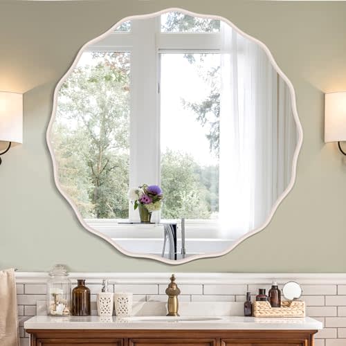 FUWU HOME Distressed White Finish Round Mirror for Wall Decorative 24" Modern Wavy Circle Mirror for Bathroom Bedroom Living Room Home House Office Entryway