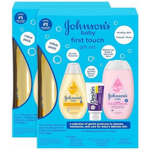 Johnson's First Touch Baby Essentials Gift Set with Body Wash & Shampoo, Body Lotion, & Zinc Oxide Diaper Rash Cream for Baby's Delicate Skin, Hypoallergenic, No Parabens or Dyes, 3 Items (Pack of 2)