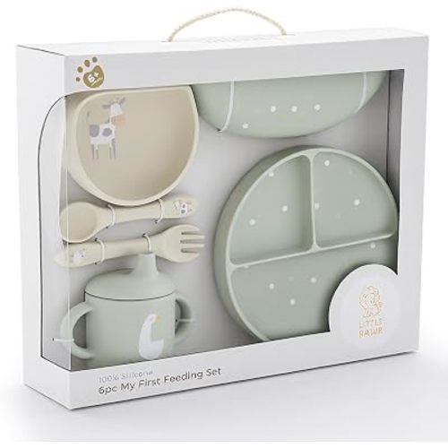 Baby Led Weaning Bundle, 100% Silicone Baby Feeding Set Includes Divided Plate, Suction Bowl, Straw Cup, Bib, Spoon & Fork, Develops Self Feeding Skills, Dishwasher Safe (Green)