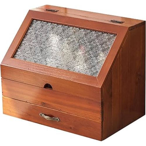 Art Nouveau Movement Tabletop Organizer with Decorative Victorian Floral Etch Glass Cover I 2-Tier Display Desktop Storage Box with Pressed Cathedral Glass Cabinet - Geometric Motif Mahogany Brown