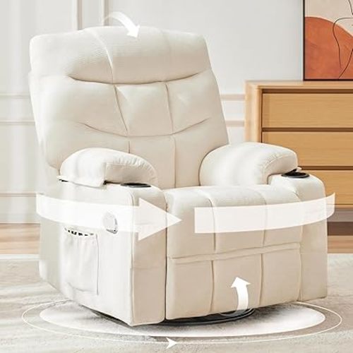 Manual Rocker Recliner Chair, 360°Swivel Recliner Chairs for Adults, Single Recliner Seat with Cup Holders,Upholstered Fabric Lazy Boy Recliner,White