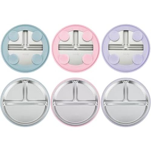 PandaEar 3 Pack Stainless Steel Baby Suction Plates, Divided Toddler Plate for Baby Led Weaning Supplies, Non-Slip Toddler Baby Feeding Set Dishwasher Safe (Pink/Purple/Blue)