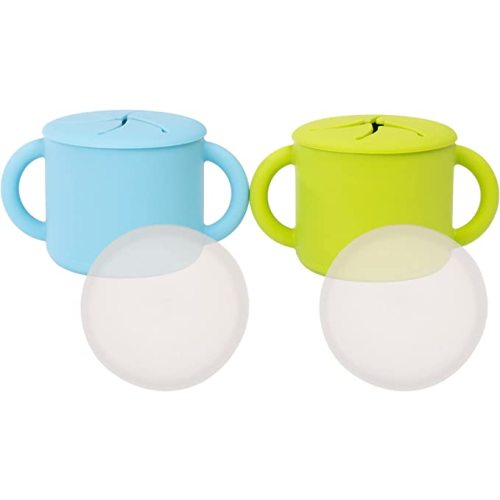 WeeSprout Snack Containers, Food Grade Silicone Cups, Spill-Proof Tops For Toddlers and Babies, Premium Hard Plastic Travel Lids, Dishwasher Safe, Set of 2 Snack Catchers