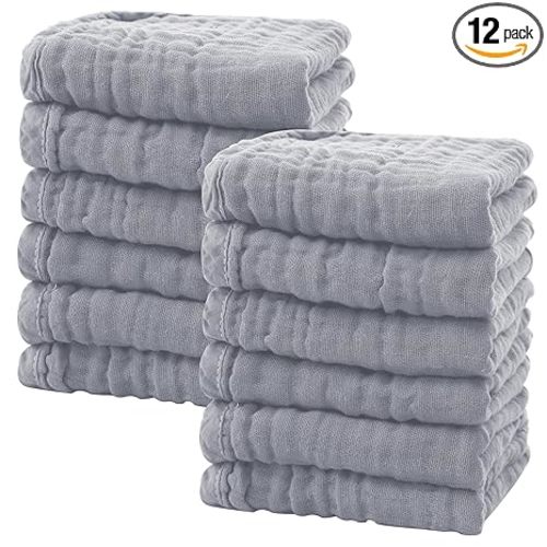 SWEET DOLPHIN 12 Pack Baby Muslin Washcloths - Soft Face Cloths for Newborn, Absorbent Bath Wash Cloths, Wipes, Burp Rag - Toddlers Essentials Stuff, Baby Registry as Shower -10"x10", Grey