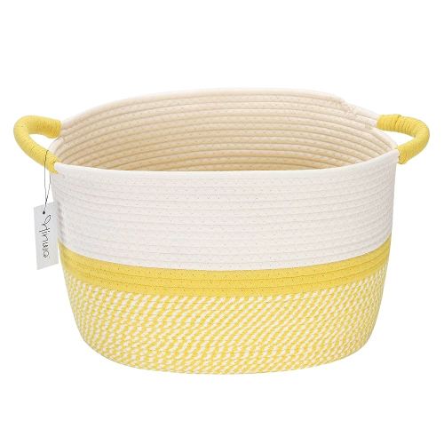 Hinwo Oval Cotton Rope Storage Basket Collapsible Nursery Storage Box Container Organizer with Handles, 13 x 10 inches, Off White and Yellow