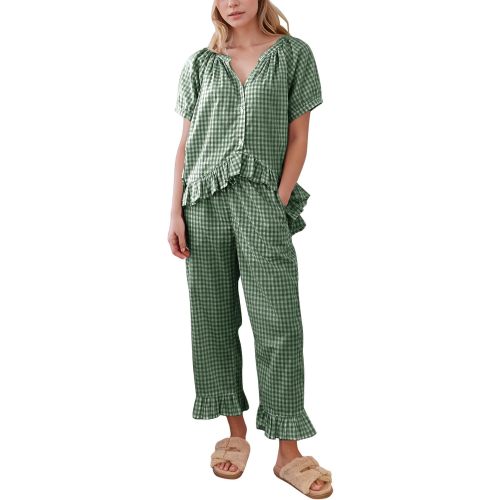 Flygo Womens Plaid 2 Piece Pajamas Sets Gingham Button Down Puff Sleeve Babydoll Shirt Ruffle Pants Y2K Pjs Lounge Set