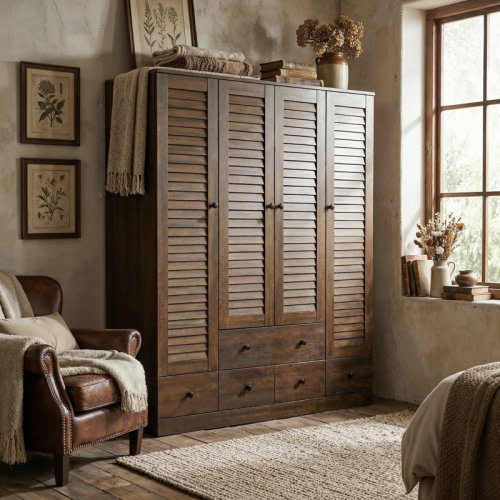 Lark Manor™ Ardit 59" Wide White Wardrobe with Louvered Doors and 5 Drawers, Freestanding Armoire Closet with Hanging Rods and Shelves & Reviews | Wayfair