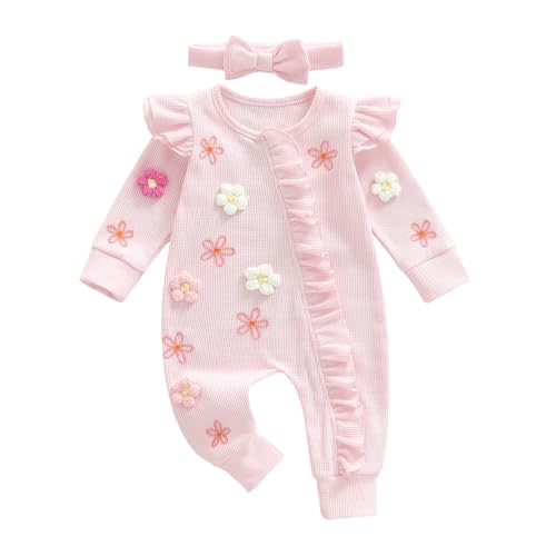 ZIXILOVGIR Newborn Baby Girl Valentines Day Outfit Heart Print Ruffle Long Sleeve Romper Onesie Cute Clothes with Headband