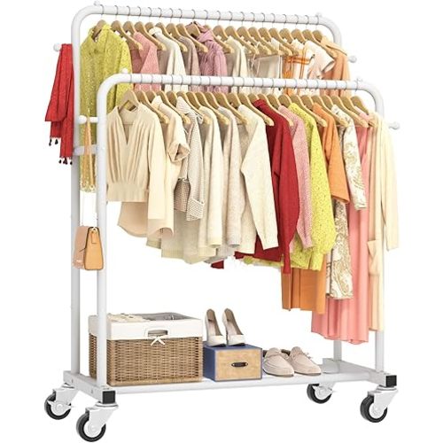 Laiensia Double Rods Garment Rack with Wheels, Clothing Rack for Hanging Clothes,4 Hooks, Multi-functional Bedroom Clothes Rack, White