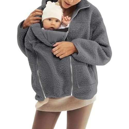 Mywinway Maternity Coat Fall Winter Mom Cozy Carrier Fleece Sherpa jacket Warm Zip Up Coats Clothing